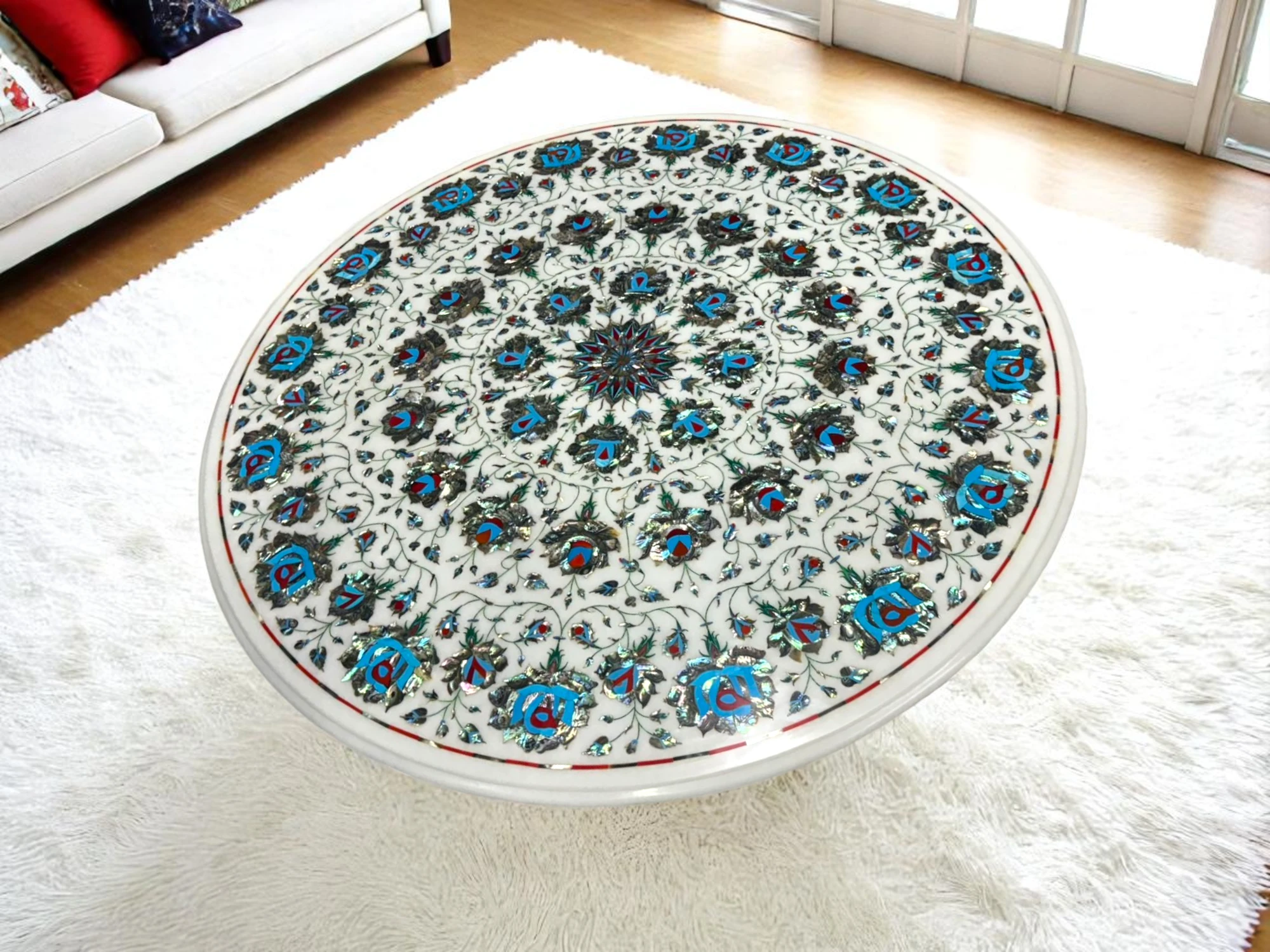 Exquisite Round Coffee Table Featuring White Marble and Turquoise Abalone Shell Inlays